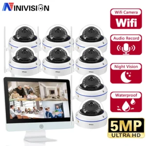 5MP 8CH Audio Wireless Camera CCTV Kit 15.6″ LCD Monitor Outdoor Explosion-Proof Dome Video Security Camera System WIFI NVR Kit