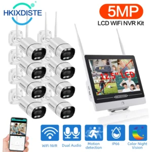 5MP 8CH Wireless Color Night Vision Camera CCTV Kit 12.5″ LCD Monitor 5.0MP Outdoor Audio Security IP Camera System WIFI NVR Kit