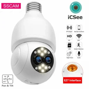 Dual Lens ICSee 1080P WIFI Light Bulb Security Camera Home Protection Indoor Two Way Audio Wireless Camera Auto Tracking