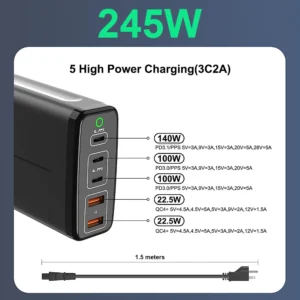 TQUQ 245W GaN3 USB Type C Charger Multiple Ports PD 3.1 PPS QC4+ Desktop Fast Charger for iPhone 14 Samsung S23 MacBook Laptop