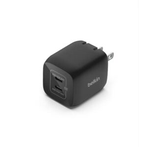 Belkin 45W Dual USB-C Wall Charger, Fast Charging Power Delivery 3.0 w/ GaN Technology for iPhone 15, 15 Pro, 15 Pro Max, 14, 13, Pro, Pro Max, Mini, iPad Pro 12.9, MacBook, Galaxy S23, & More – Black