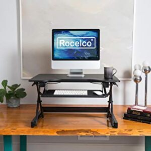 Rocelco 32″ Height Adjustable Standing Desk Converter Bundle – Sit Stand Computer Workstation Riser with Anti Fatigue Mat – Dual Monitor Retractable Keyboard Tray Gas Spring – Black (R EADRB-MAFM)