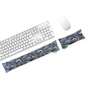 Keyboard & Mouse Wrist Rest Pad Set – Tea and Buckwheat Shell Filling – Washable Keyboard Mouse Wrist Support Pad for Home, Office Easy Typing, Figure Painting (Big Wave)