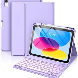 Hamile iPad 10th Generation Case with Keyboard 10.9 Inch – 7 Colors Backlit Wireless Detachable Folio Keyboard Cover with Pencil Holder for New iPad 10th Gen 2022 (Purple)