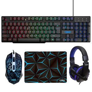Naxa NG-5000A 4-in-One Professional Gaming Combo with Full-Size LED Backlit Keyboard, Wired Mouse, Headphones, and Mouse Pad, Blue