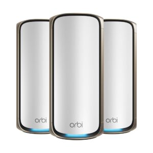 NETGEAR Orbi 970 Series Quad-Band WiFi 7 Mesh Network System (RBE973S), Router + 2 Satellite Extenders, Covers Up to 10,000 sq. ft., 200 Devices, 10 Gig Internet Port, BE27000 802.11be (Up to 27Gbps)