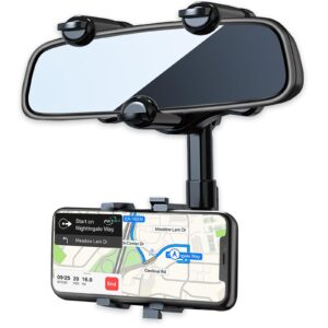 PKYAA Rearview Mirror Phone Holder for Car, 360° Rotating Rear View Mount with Adjustable Arm Length, Multifunctional and GPS Universal Car All Smartphones