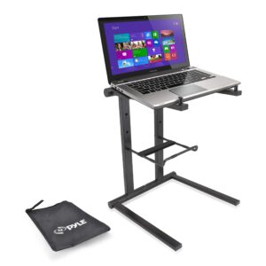 Pyle Portable Folding Laptop Stand – Standing Table with Foldable Height and Secondary Accessory Tray for iPad, Tablet, DJ Mixer, Workstation, Gaming and Home Use with Bag – PLPTS35