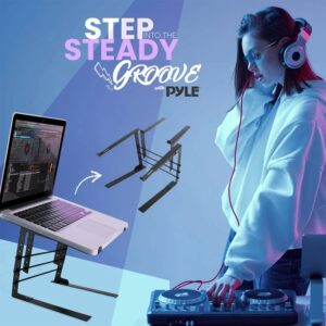 Pyle Portable Dual Laptop Stand – Standing Table with Adjustable Height, Ergonomic Design & Anti-Slip Prongs for DJ Mixer, Sound Equipment, Workstation, Gaming & Home Use – PLPTS38, Black