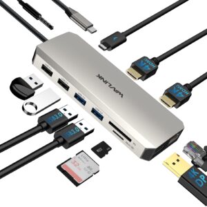 WAVLINK USB C Docking Station Dual HDMI Monitors, 12 in 1 Triple Display USB C Hub, Multiport Adapter with Dual 4K HDMI, 4K DP, 100W PD IN, 5 USB Ports, RJ45, SD/TF Slots, Audio/Mic for Macbook/Laptop
