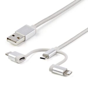StarTech.com USB Multi Charging Cable – 3.3 ft / 1m – Lightning / USB-C / Micro-USB – Braided – MFi Certified – USB 2.0 – 3 in 1 Charging (LTCUB1MGR) Silver