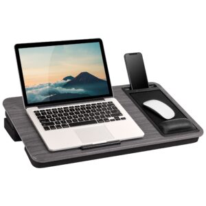 LAPGEAR Elevation Pro Lap Desk with Gel Wrist Rest, Mouse Pad, Phone Holder, Device Ledge, and Booster Cushion – Gray Woodgrain – Fits up to 17.3 Inch Laptops – Style No. 88105